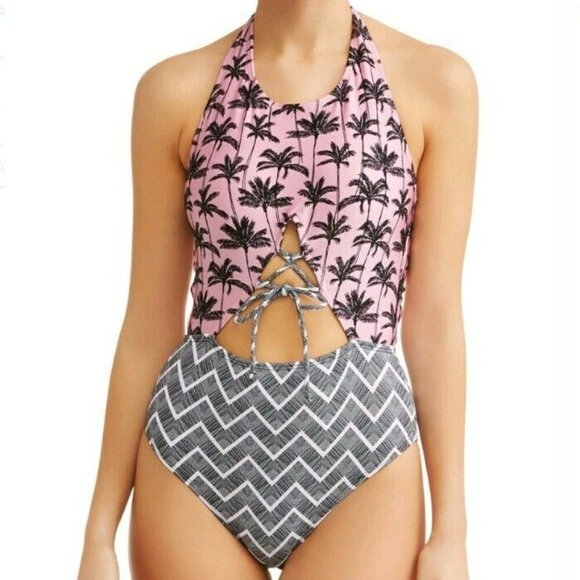 No Boundaries Other - No Boundaries Halter One Piece Swimsuit pink black palm, tree print halter